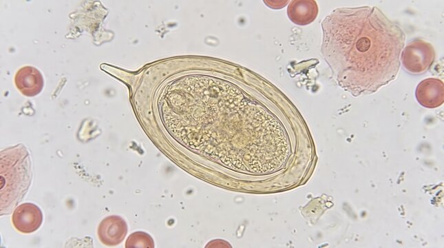 Schistosoma Haematobium Egg Terminal Spine Urine Microscopy. Schistosoma haematobium egg with characteristic terminal spine in urine wet mount from urogenital schistosomiasis case.
