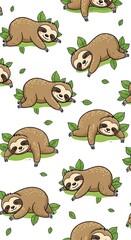 Fototapeta premium Cute Cartoon Sloth Pattern Resting Among Green Leaves on White Background