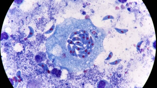 Toxoplasma Gondii Tachyzoites Giemsa Stain Smear. Toxoplasma gondii tachyzoites with banana-shaped morphology in Giemsa stained peritoneal fluid smear.