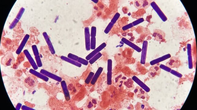 Clostridium Perfringens Boxcar Gram Positive Rods Smear. Large gram positive boxcar-shaped Clostridium perfringens rods in Gram stained wound exudate clinical preparation.