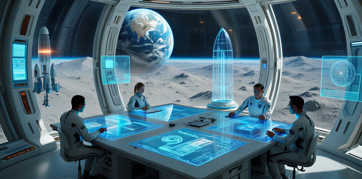 Group of astronauts working in a futuristic lunar base command center with holographic displays overlooking the moon surface and earth in the sky sci fi astronaut futuristic technology universe