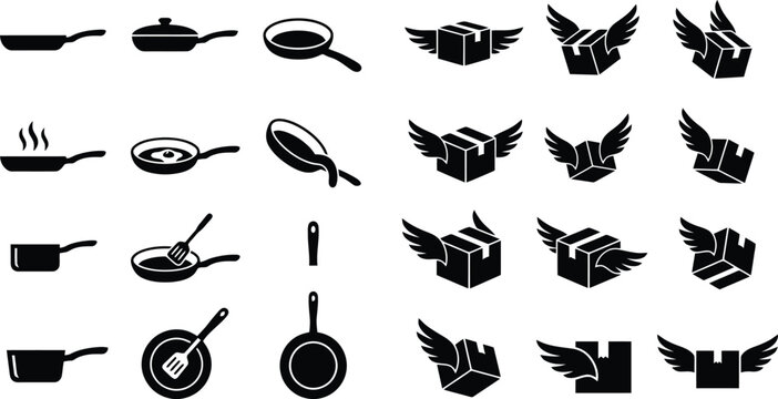 Kitchenware frying pan icons and flying delivery box symbols, set of 24 black vector silhouettes, cooking equipment and fast shipping logistics graphics