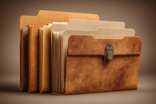 Vintage leather file folders with metal clasp on brown background