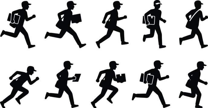 Delivery courier silhouette set, running mailman with packages and mail bags, 10 fast shipping service worker icons, express logistics vector
