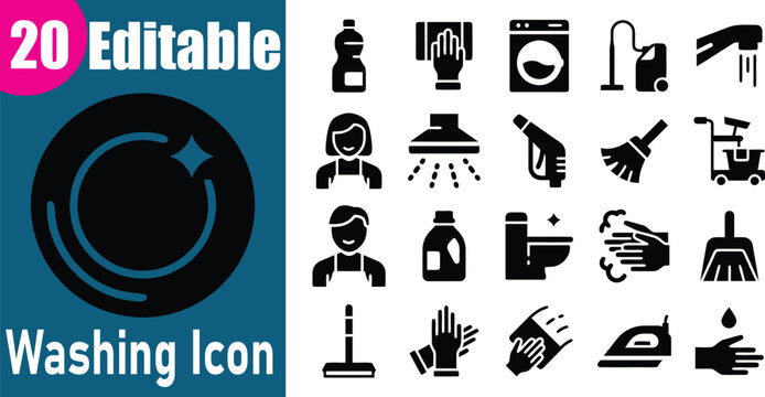 Flat washing and cleaning icons set
Set of 20 editable flat icons depicting various washing and cleaning tools, appliances, and actions for easy use in designs and projects.