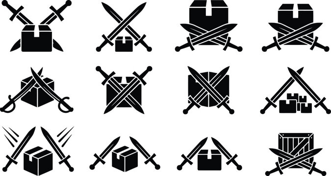 Medieval sword and cardboard box icons, set of 12 black vector silhouettes, crossed swords with delivery packages and shipping crates
