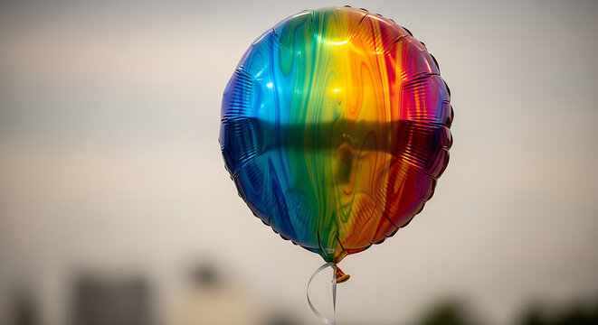 Colorful rainbow metallic balloon floating against blurred background