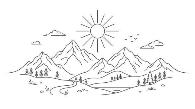 Minimalist Line Art Landscape Featuring Mountains and Sun.