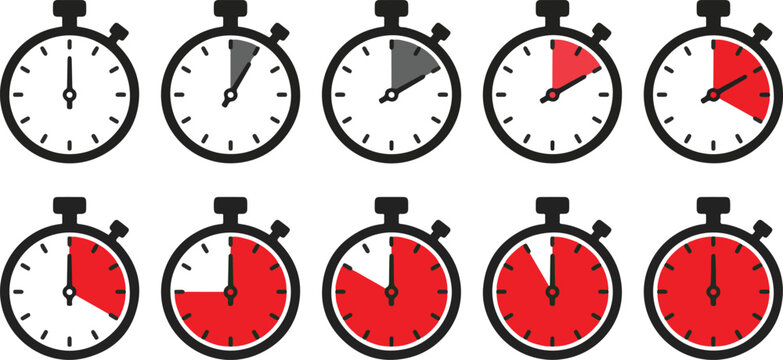 Set of stopwatch icons showing different elapsed times
