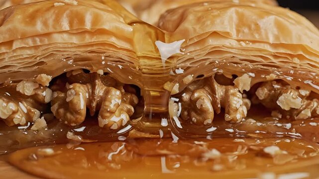 Delicious Honey Drizzling Over Freshly Baked Baklava Pastry CloseUp.