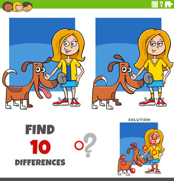 differences puzzle game with cute cartoon girl and her dog