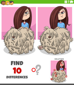 differences puzzle game with cute cartoon girl and her dog
