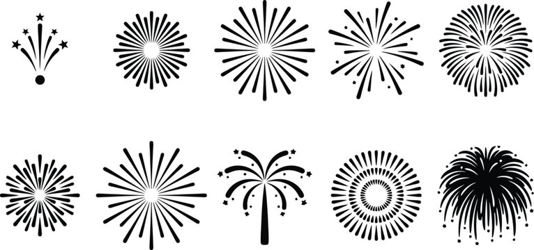 Black fireworks icons set, 10 minimalist firework burst vector illustrations, festive explosion starburst shapes for holiday celebration and party design