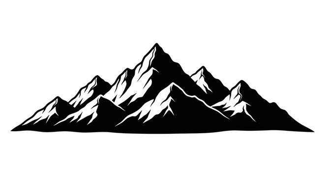 Snowy mountain range silhouette with rugged peaks and white accents on a plain background