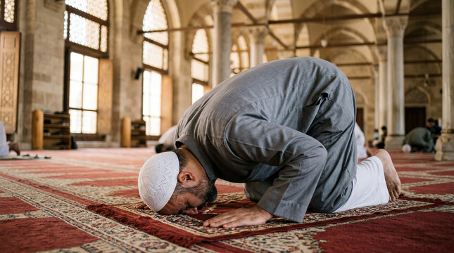 Muslim man in traditional prostration prayer position on carpet inside historic mosque