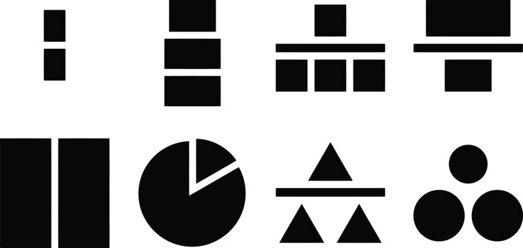 Minimalist infographic chart icons, black geometric data visualization symbols, set of 8 vector diagrams for business reports and analytics