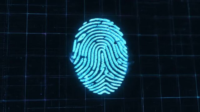 Advanced biometric fingerprint thumbnail representing identity verification, cybersecurity, digital authentication, secure access systems, and futuristic technology.