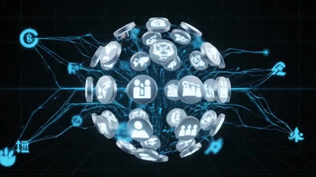 Futuristic social network thumbnail featuring connected digital people icons symbolizing communication, collaboration, global networking, and online communities.