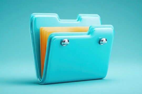 Cyan file folder with yellow paper sheets on blue background