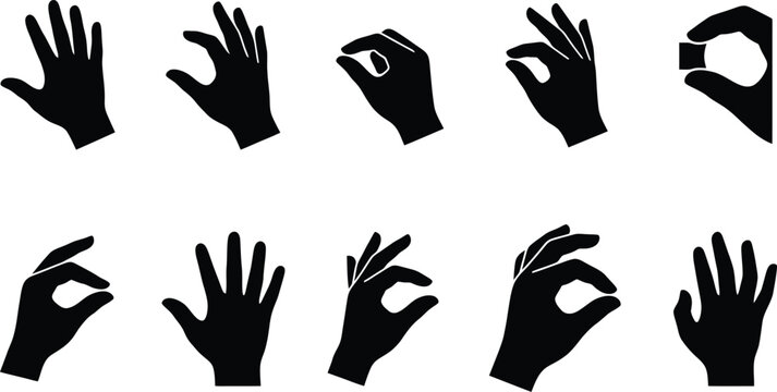 Black hand silhouette icons, set of 10 human hand gestures and finger positions, flat vector palm and finger signs for UI design and infographics
