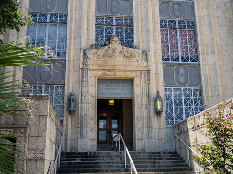 Heman Marion Sweatt Travis County Courthouse Engraved Sign on Government Building in Austin, Texas