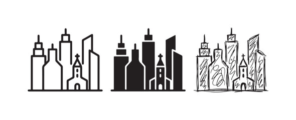 Fototapeta premium Cityscape icons with buildings and a church, illustrating urban environments in outline, solid, and hand-drawn styles.
