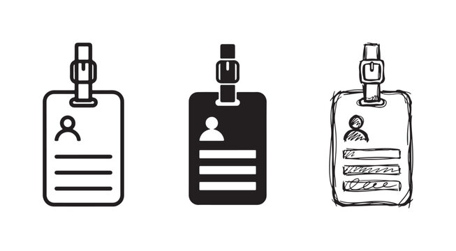 Identification card or employee badge with a profile icon and text lines, including a top clip, in three varying styles.