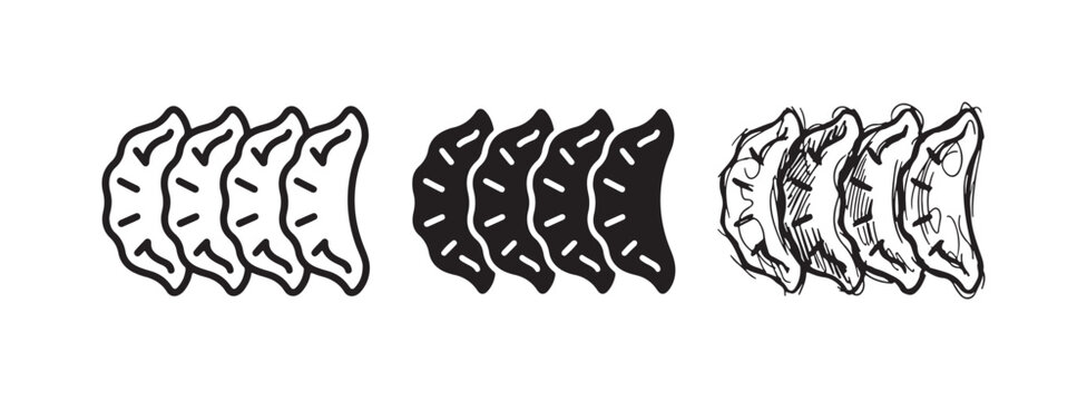Row of five textured crescent-shaped dumplings or empanada icons, in outline, solid glyph, and hand-drawn sketch styles.