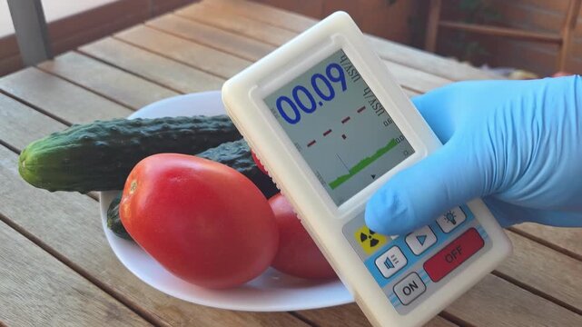 Handheld tracking shot of gloved hand holding geiger counter measuring radiation on tomatoes and cucumber on wooden patio table in daylight