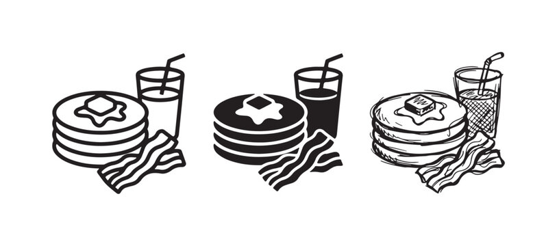 Breakfast icon set featuring pancakes, bacon, and a drink in outline, solid, and hand-drawn styles.