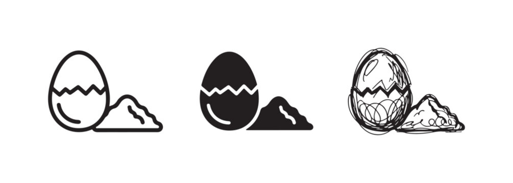 Cracked egg icon set with broken shell in outline, solid, and sketchy styles.