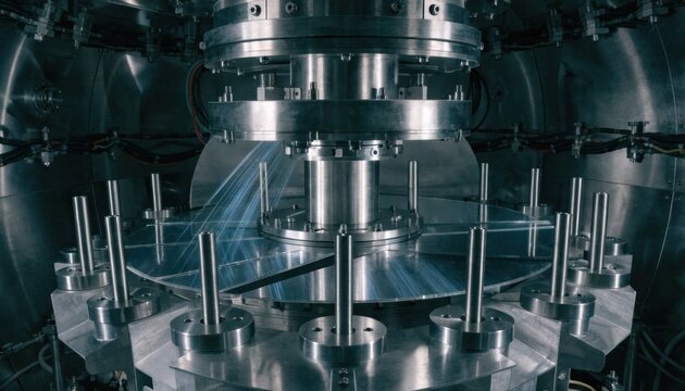 Medium shot capturing tilt ion implantation setup with angled wafer cassette in implanter beamline clearly directing ions for uniform surface treatment.