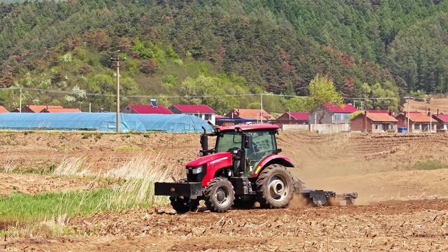 Various agricultural implements used in spring plowing