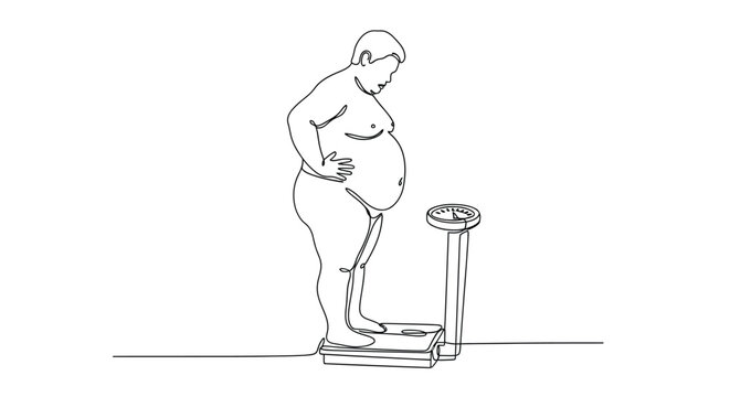Continuous line drawing of an overweight person on weight scale with lifestyle
