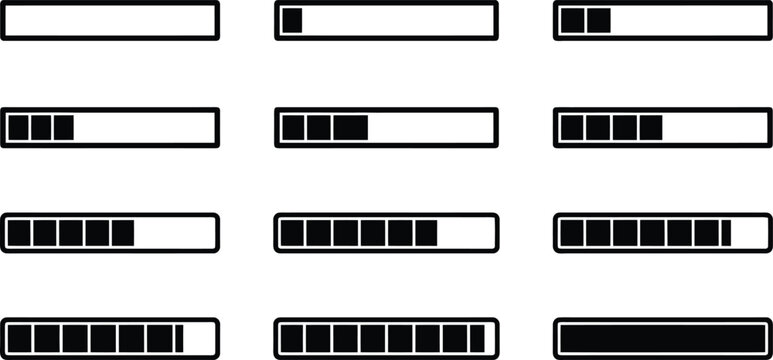 Minimalist loading bar icons set, black and white progress indicator vectors, 12 stages of system upload and download status for UI design