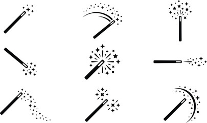 Magic wand icon set with sparkling stars, black wizard wand vector collection, 9 magical spell casting symbols for fantasy design and UI © Muhammad