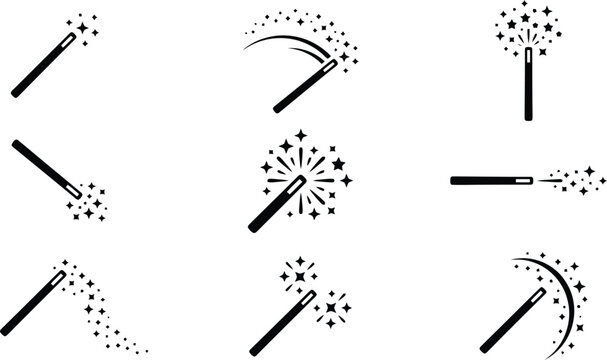 Magic wand icon set with sparkling stars, black wizard wand vector collection, 9 magical spell casting symbols for fantasy design and UI