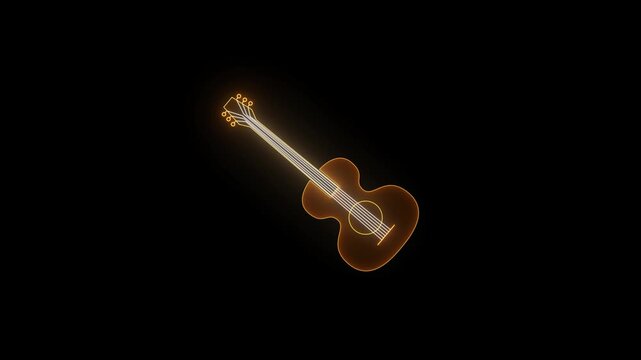 Animated cyber acoustic guitar vector loop - golden luminescent string instrument wireframe on dark backdrop. 4k video