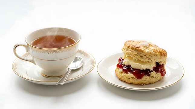 Traditional English tea with scone, clotted cream and jam on white plate