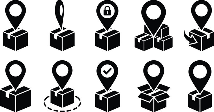 Logistics delivery tracking icons set, 10 black vector parcel location pins, shipping box map markers for e-commerce and supply chain management