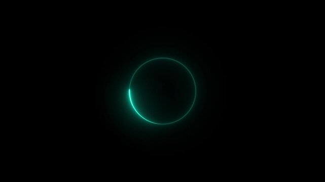 Glowing cyan neon circle loading animation - minimalist teal light streak progress loop on black background. 25fps video