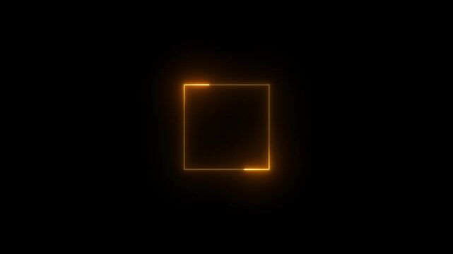 Golden neon square particle trace motion graphic - abstract amber glowing geometric border intro loop on dark backdrop. 4k