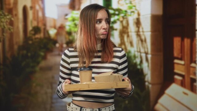 Woman with red hair holding wooden tray with coffee cup and cardboard boxes, pouting gesture in striped shirt on a narrow street; disappointment.