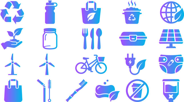 Ecology and recycling icons with blue purple gradient for green living.