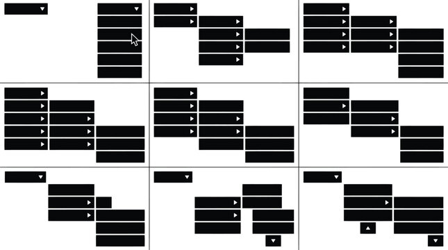 Minimalist website navigation menu set, black dropdown interface elements, modern UI UX vector components for web design and app development