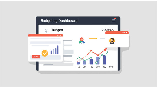 Modern budgeting dashboard showing financial data analysis, growth charts, and user profiles for effective business planning and personal finance management.