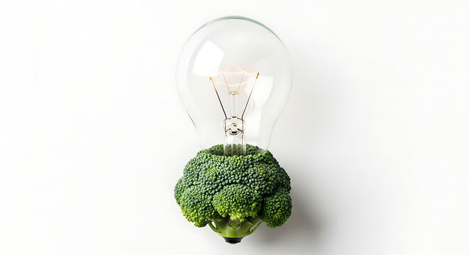 Creative concept of green energy and healthy ideas showing a light bulb growing from a fresh broccoli floret on a white background