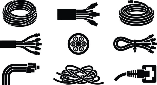 Electrical cable icons set, black wire and power cord vector silhouettes, industrial fiber optic and ethernet connection symbols for technical diagrams
