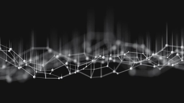 Abstract hexagonal background with honeycomb patterns forms a white wireframe mesh of nodes, connecting lines, and vertical spikes undulating across a near-black field. Polygonal lattice flows in wave