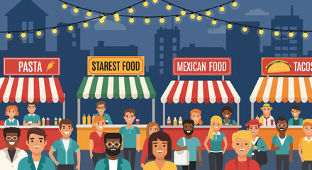 Naklejka premium Diverse crowd enjoying a vibrant outdoor food festival at night.